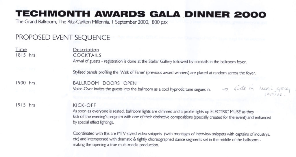 Program: Electric Muse as the main event at the 2000 TechMonth Awards Gala Dinner.